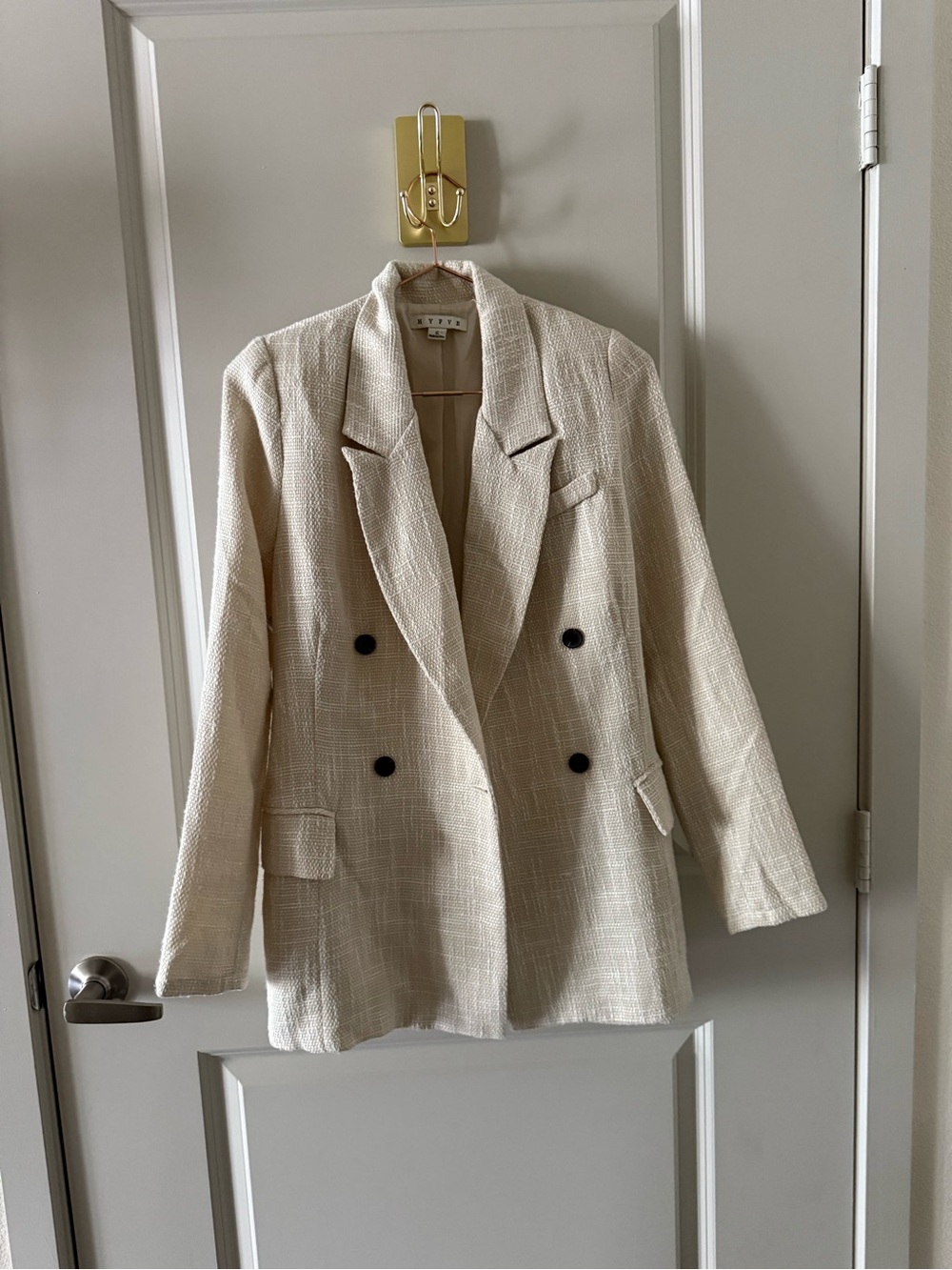 HYFVE Cream Textured Plaid Double Breasted Cotton Blazer Jacket S